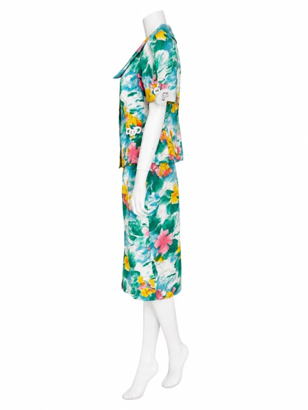 Vintage Equateur Paris Floral 2pc Skirt Suit French Puff Sleeve Set NOS Sz 42